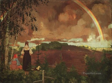 コンスタンチン・ソモフ Painting - 2人の農民少女と虹のある風景 コンスタンチン・ソモフ
